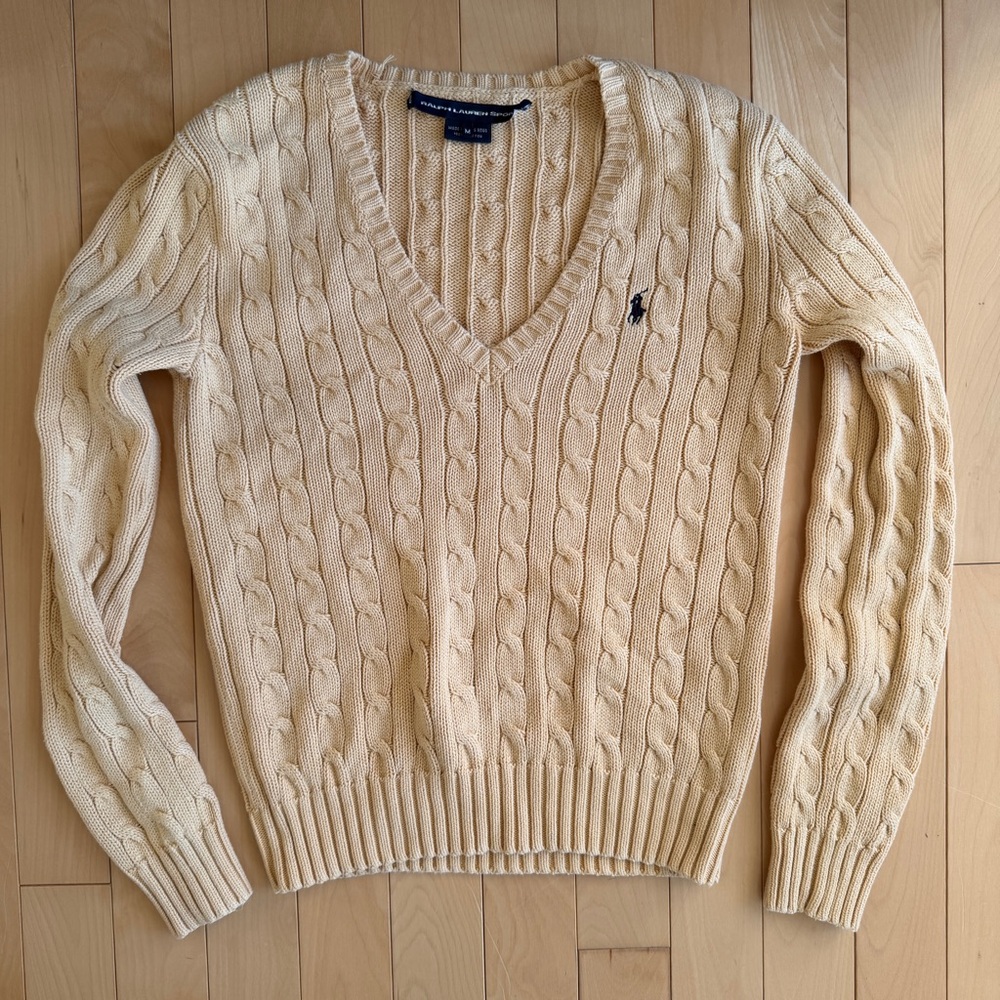 Ralph Lauren Sport Womens Pullover Yellow Beige Knit Sweater 100% Cotton Medium